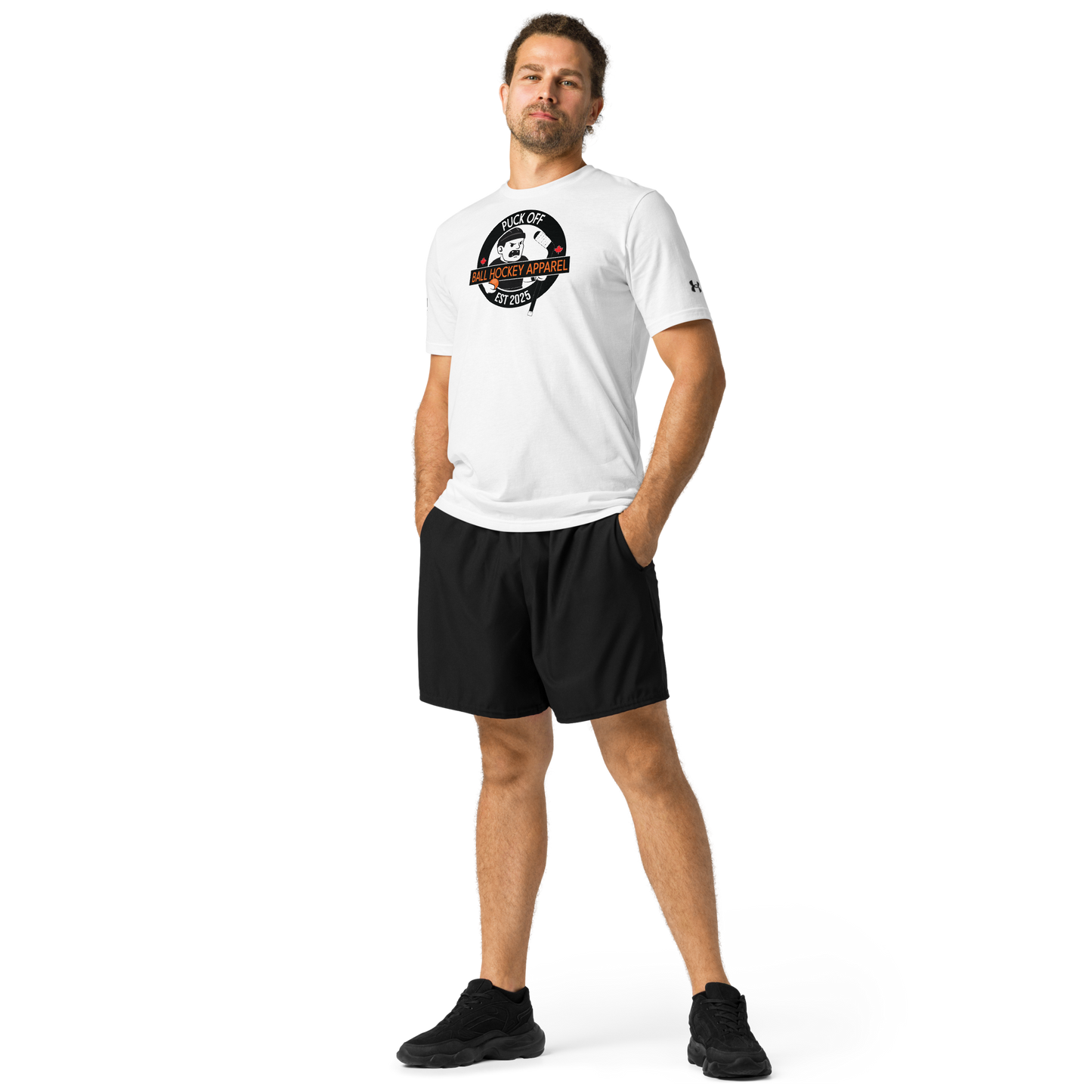 PUCK OFF x Under ArmourⓇ Athletic Shirt – Ball Hockey Performance Tee with Front Logo & Vertical Back Print