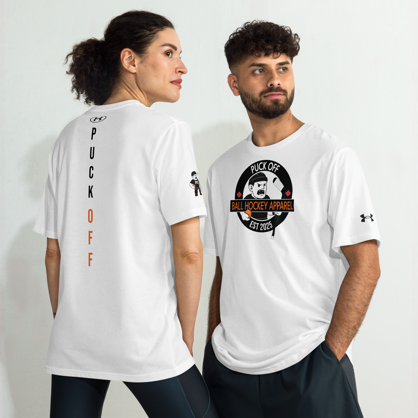 PUCK OFF x Under ArmourⓇ Athletic Shirt – Ball Hockey Performance Tee with Front Logo & Vertical Back Print