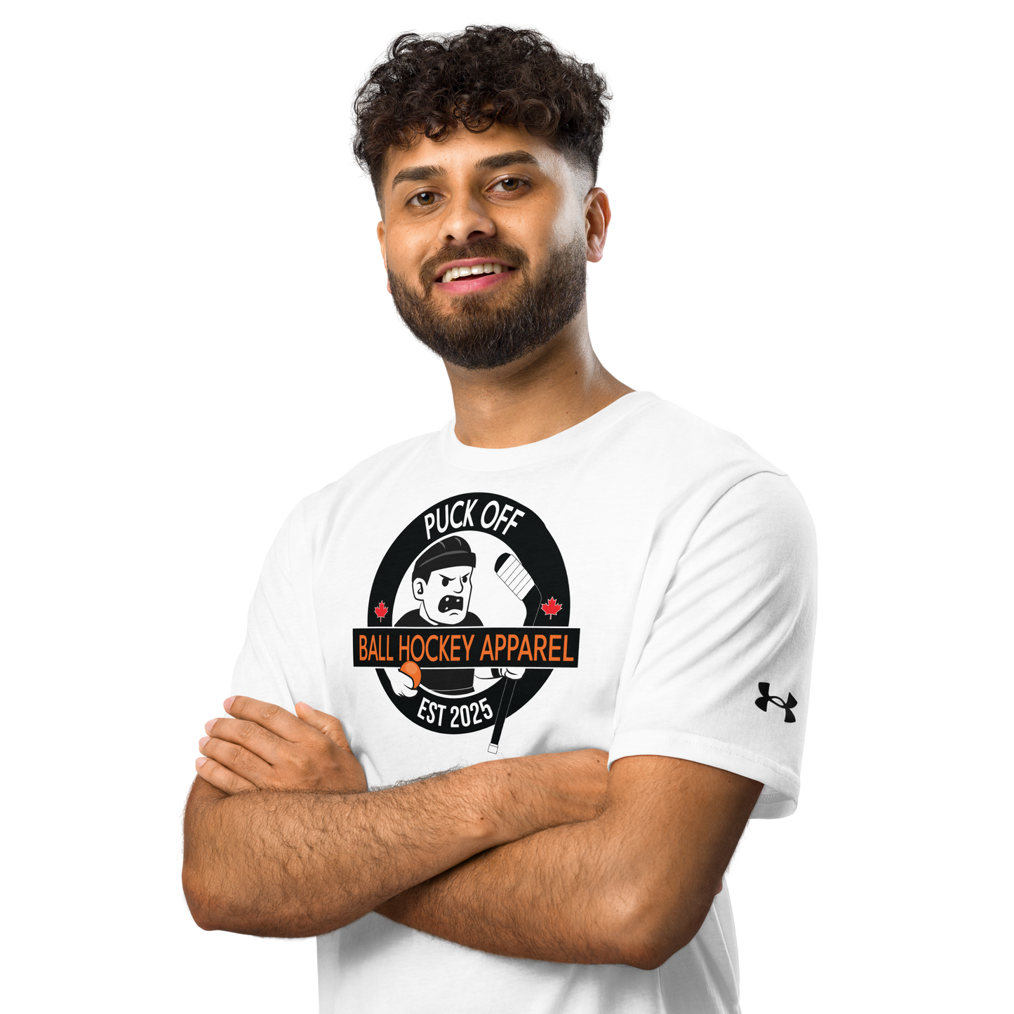 PUCK OFF x Under ArmourⓇ Athletic Shirt – Ball Hockey Performance Tee with Front Logo & Vertical Back Print