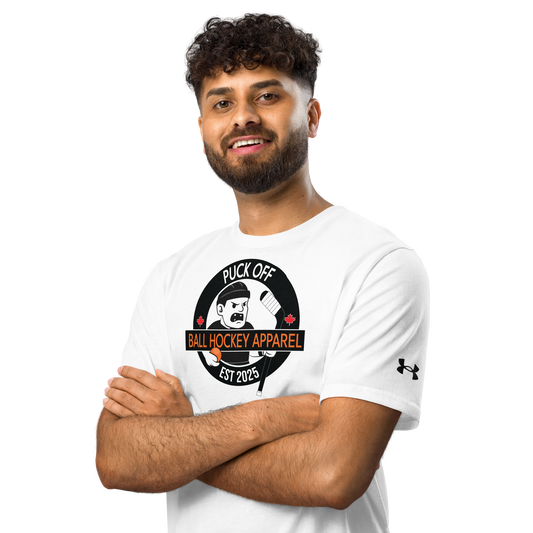 PUCK OFF x Under ArmourⓇ Athletic Shirt – Ball Hockey Performance Tee with Front Logo & Vertical Back Print