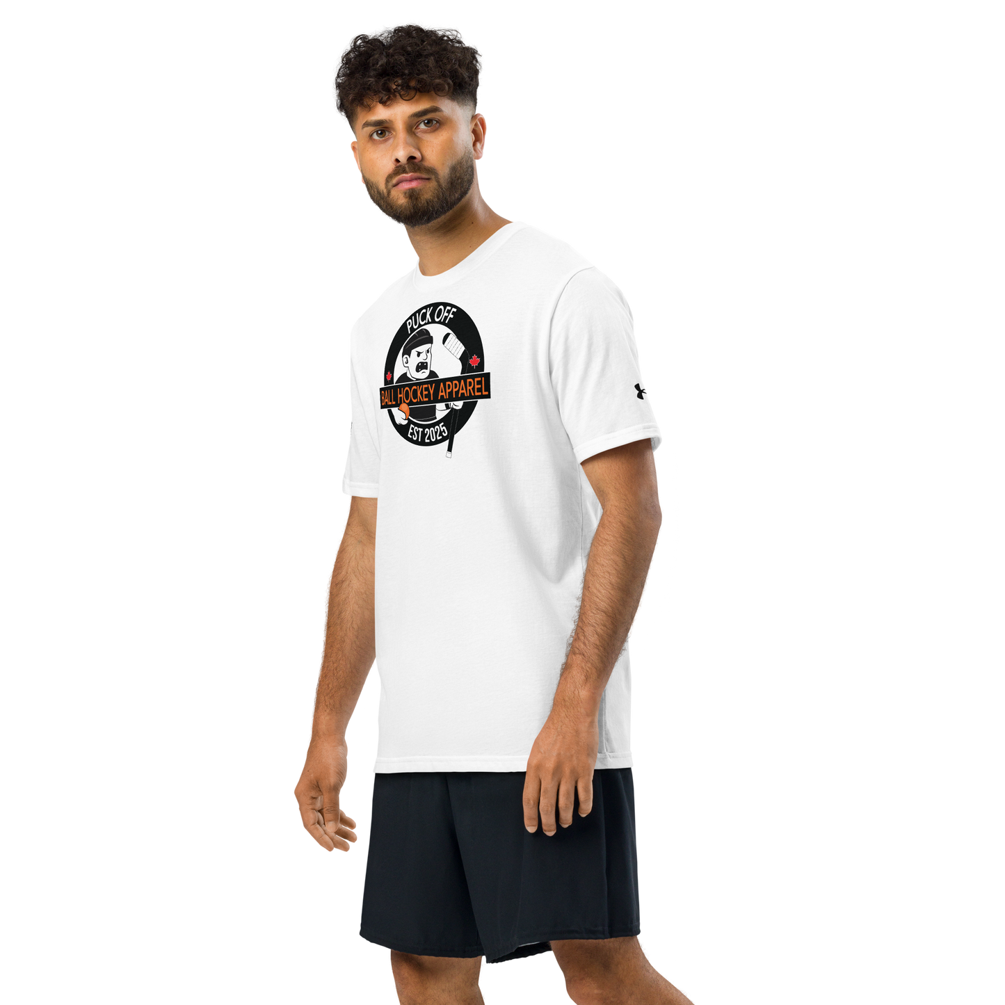 PUCK OFF x Under ArmourⓇ Athletic Shirt – Ball Hockey Performance Tee with Front Logo & Vertical Back Print