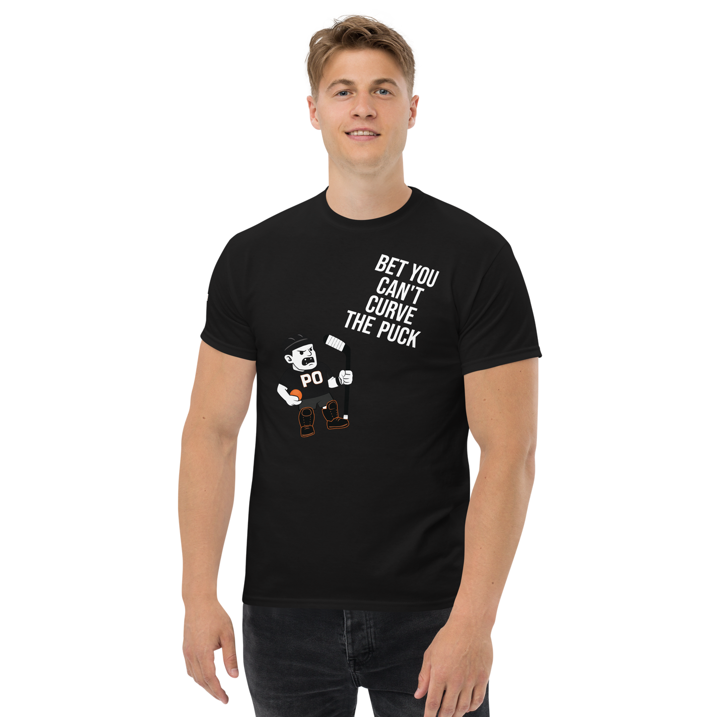 Bet You Can’t Curve a Puck T-Shirt – Funny Ball Hockey Tee | PUCK OFF Apparel