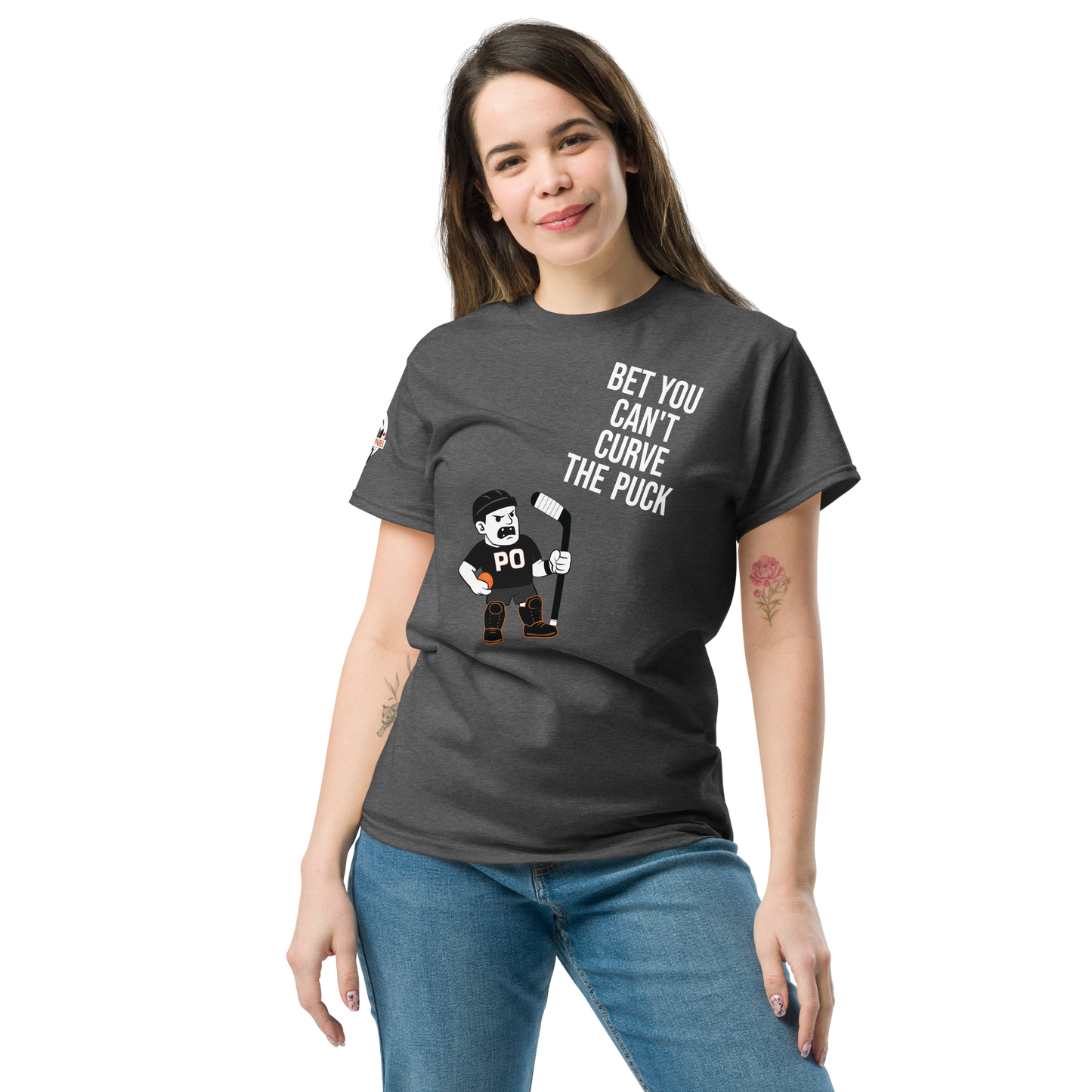 Bet You Can’t Curve a Puck T-Shirt – Funny Ball Hockey Tee | PUCK OFF Apparel